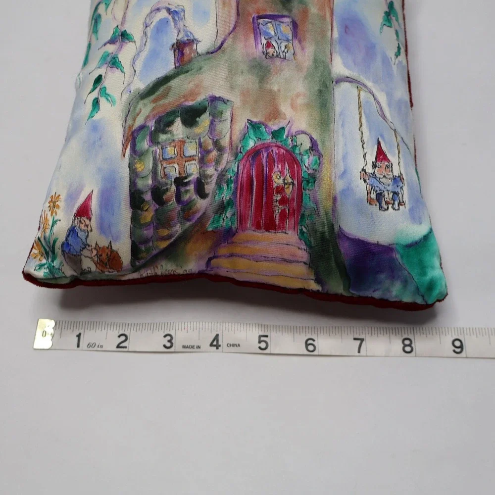 VTG 90s Hand Painted Silk Gnome Treehouse Small Pillow Red Velvet Back 9